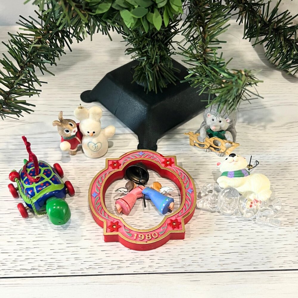 Vintage Hallmark Ornament Lot 1980 Angels Bunny Rabbits Polar Bear Turtle 1997